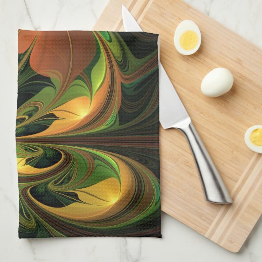 Fantasie Plant Abstract Groen Roest Bruin Fractal Theedoek (Quarter Fold)