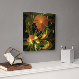 Fantasie Plant Abstract Groen Roest Bruin Fractal Vierkante Klok