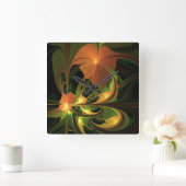 Fantasie Plant Abstract Groen Roest Bruin Fractal Vierkante Klok (Huis)