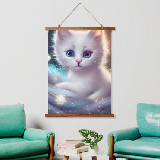 Fantasie pluizig witte kat hangend wandkleed (Woonkamer)