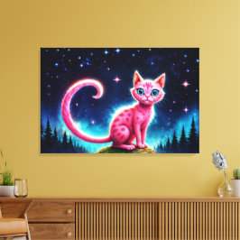 Fantasie roze kat in magische sterrennacht bos canvas afdruk