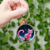 Fantasie roze kat in magische sterrennacht bos sleutelhanger (Hand)