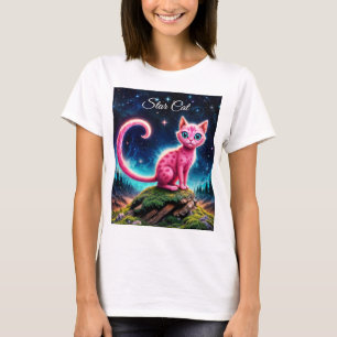 Fantasie roze kat in magische sterrennacht bos t-shirt