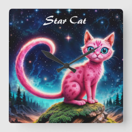 Fantasie roze kat in magische sterrennacht bos vierkante klok