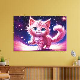 Fantasie roze pluizige kitten felblauwe ogen kunst canvas afdruk