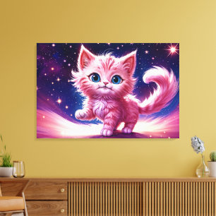 Fantasie roze pluizige kitten felblauwe ogen kunst canvas afdruk