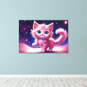 Fantasie roze pluizige kitten felblauwe ogen kunst canvas afdruk (Insitu (Houten vloer))