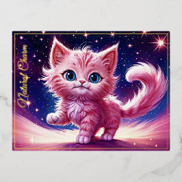 Fantasie roze pluizige kitten felblauwe ogen kunst folie feestdagen briefkaart