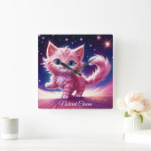 Fantasie roze pluizige kitten felblauwe ogen kunst vierkante klok (Huis)