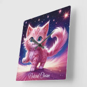 Fantasie roze pluizige kitten felblauwe ogen kunst vierkante klok (Hoek)