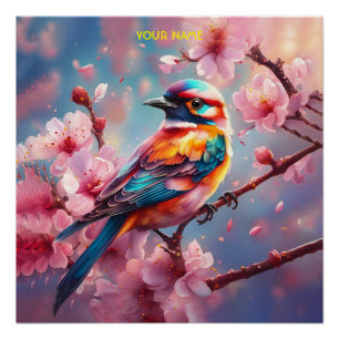 Fantasie Schattig Blauw Vogel Sakura Perfect Poster