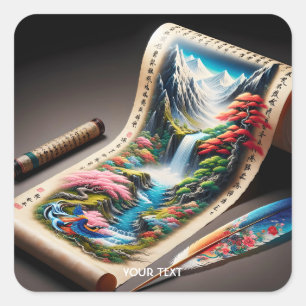 Fantasie Schattige Japans Perkamentlandschap Vierkante Sticker
