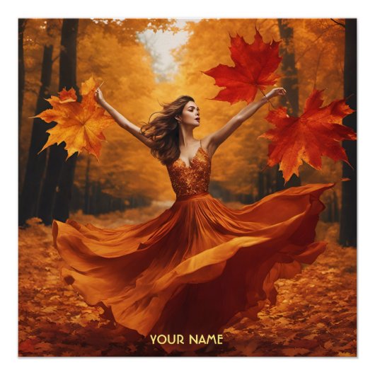 Fantasie Schattige levendig meisje Herfst bos Perfect Poster (Voorkant)