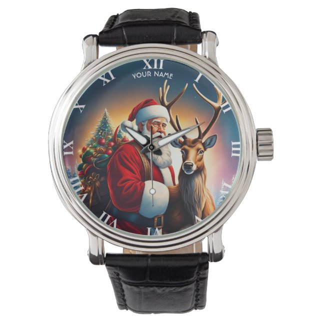 Fantasie Schattige levendige kerst Santa rendier Horloge (Voorkant)