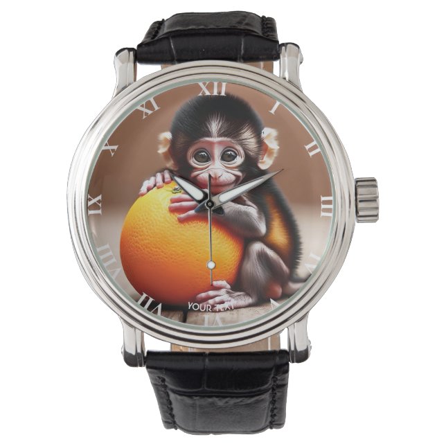 Fantasie Schattige Monkey Baby Sinaasappel Horloge (Voorkant)