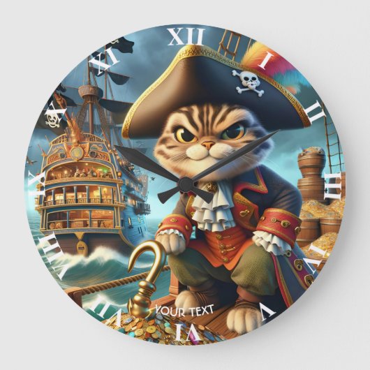 Fantasie Schattige Pirate Cat Ship Grote Klok (Voorkant)
