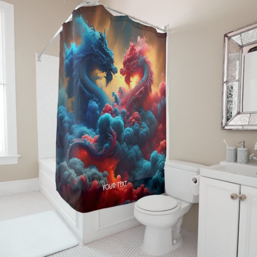 Fantasie Schattige Rood Blauw Draken Douchegordijn (In situ)