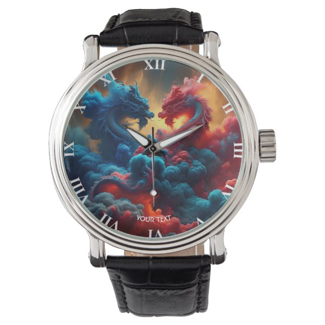Fantasie Schattige Rood Blauw Draken Horloge (Voorkant)
