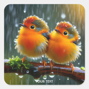 Fantasie Schattige Sinaasappel Vogels Regen Vierkante Sticker