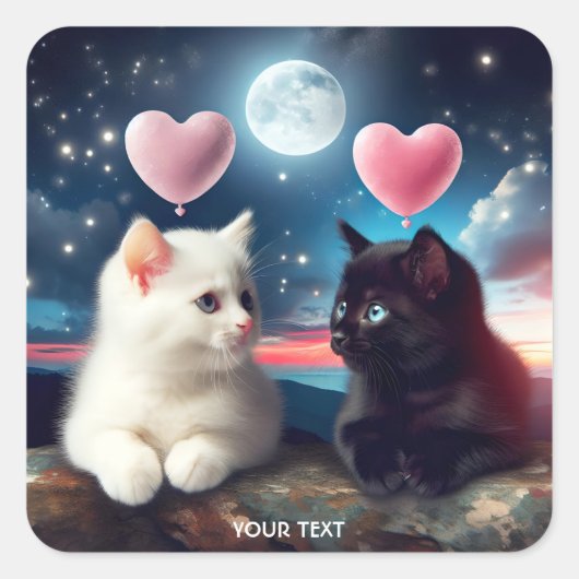 Fantasie Schattige Twee Kittens Harten Vierkante Sticker (Voorkant)