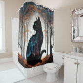 Fantasie Schattige Vivid Black Cat Forest Douchegordijn (In situ)