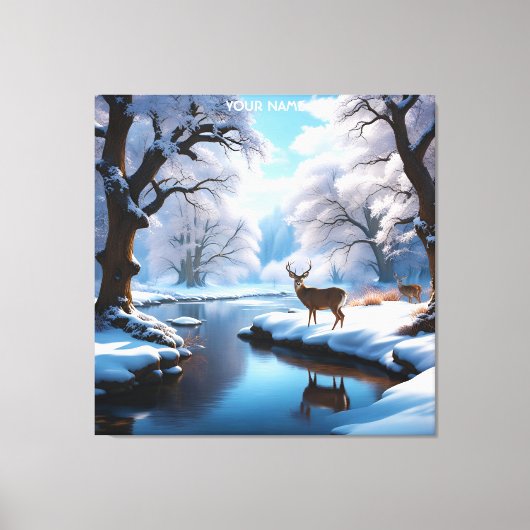Fantasie Schattige Vivid Deer Winter River Canvas Afdruk (Voorkant)