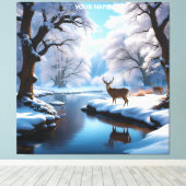 Fantasie Schattige Vivid Deer Winter River Canvas Afdruk (Insitu (Houten vloer))