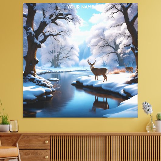 Fantasie Schattige Vivid Deer Winter River Canvas Afdruk (Insitu (Woonkamer))