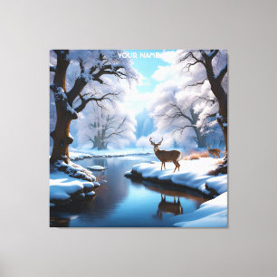 Fantasie Schattige Vivid Deer Winter River Canvas Afdruk