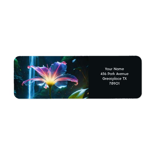 Fantasie Schattige Vivid Flower Waterfall Forest Etiket (Voorkant)