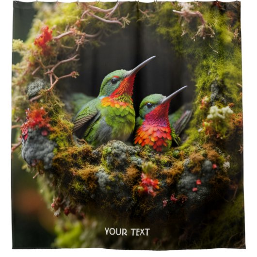 Fantasie Schattige Vivid Hummingbird Nest Moss Douchegordijn (Voorkant)