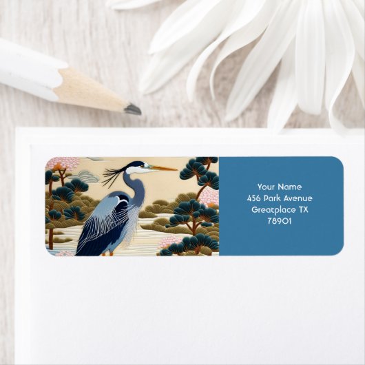 Fantasie Schattige Vivid Japans Heron Blauw Etiket (Insitu)