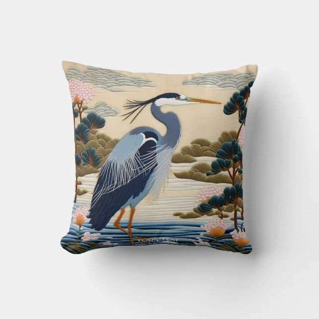 Fantasie Schattige Vivid Japans Heron Blauw Kussen (Voorkant)