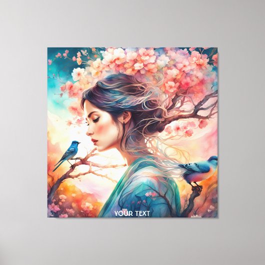 Fantasie Schattige Vivid Meisje Blossom Vogels Canvas Afdruk (Voorkant)