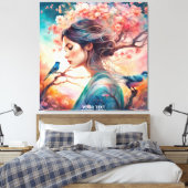 Fantasie Schattige Vivid Meisje Blossom Vogels Canvas Afdruk (Insitu (Slaapkamer))