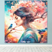 Fantasie Schattige Vivid Meisje Blossom Vogels Canvas Afdruk (Insitu (Houten vloer))