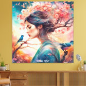 Fantasie Schattige Vivid Meisje Blossom Vogels Canvas Afdruk (Insitu (Woonkamer))