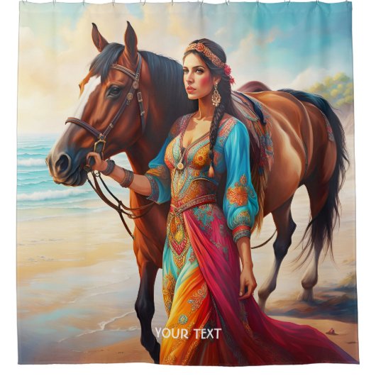 Fantasie Schattige Vivid Meisje Paard Zee Douchegordijn (Voorkant)
