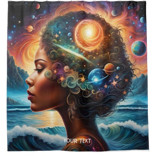 Fantasie Schattige Vivid Meisje Space Beach Douchegordijn (Voorkant)