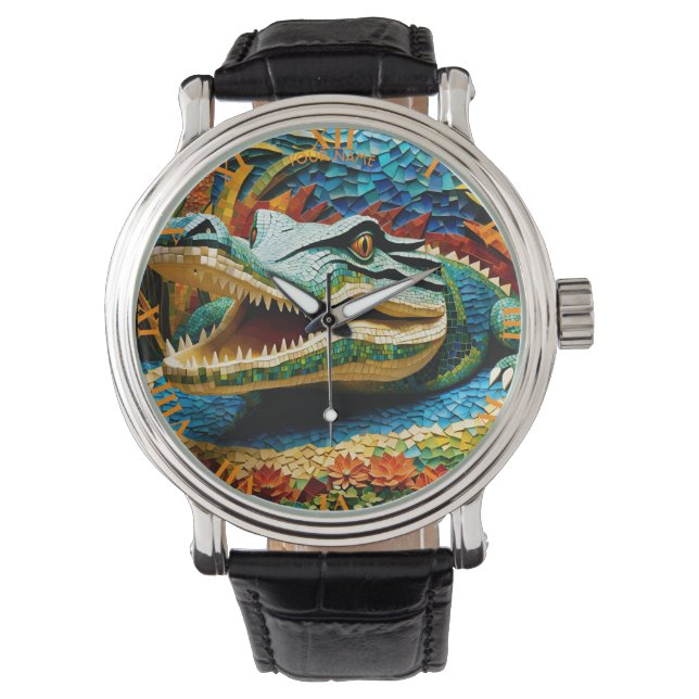 Fantasie Schattige Vivid Mozaïek Krokodil Zee Horloge (Voorkant)