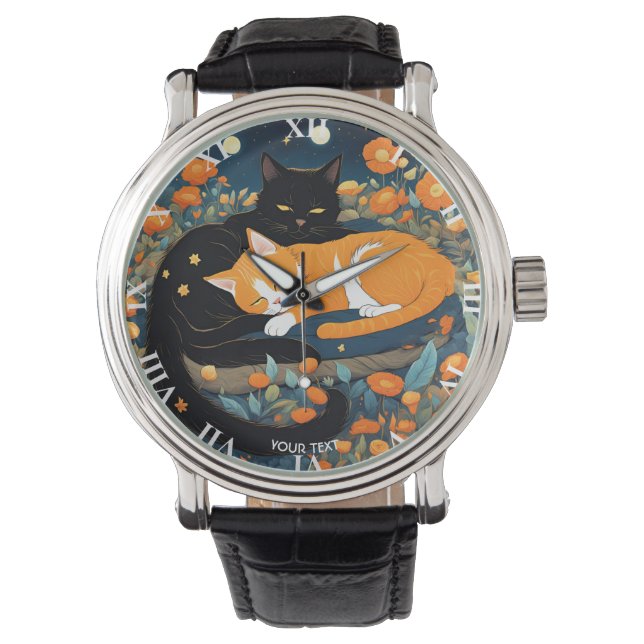 Fantasie Schattige Vivid Zwart Sinaasappel Katten Horloge (Voorkant)