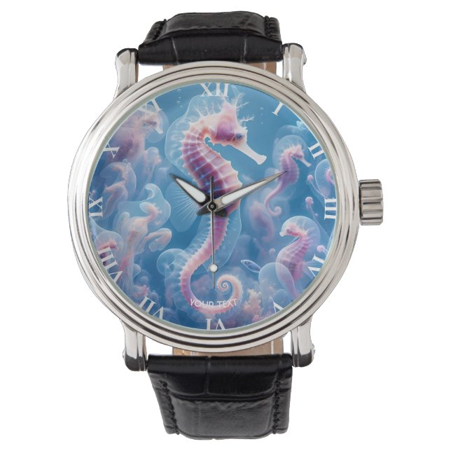 Fantasie Schattige Zee Seahorse Planten Horloge (Voorkant)
