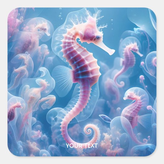 Fantasie Schattige Zee Seahorse Planten Vierkante Sticker (Voorkant)