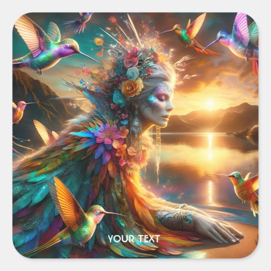 Fantasie Schattigee kolibrie Goddess Lake Vierkante Sticker (Voorkant)