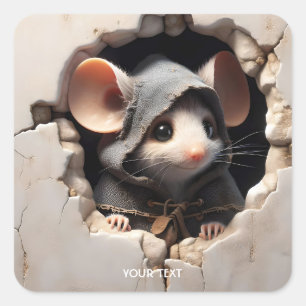 Fantasie Schattigee Muis Gebarsten Muur Vierkante Sticker