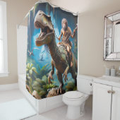 Fantasie Schattigee Neanderthaler Rijdende Dinosau Douchegordijn (In situ)