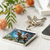 Fantasie Schattigee Neanderthaler Rijdende Dinosau Sleutelhanger (Zijkant)