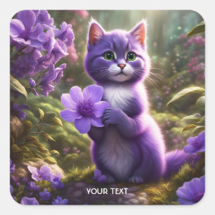 Fantasie Schattigee Paarse Kitten Bloem Vierkante Sticker