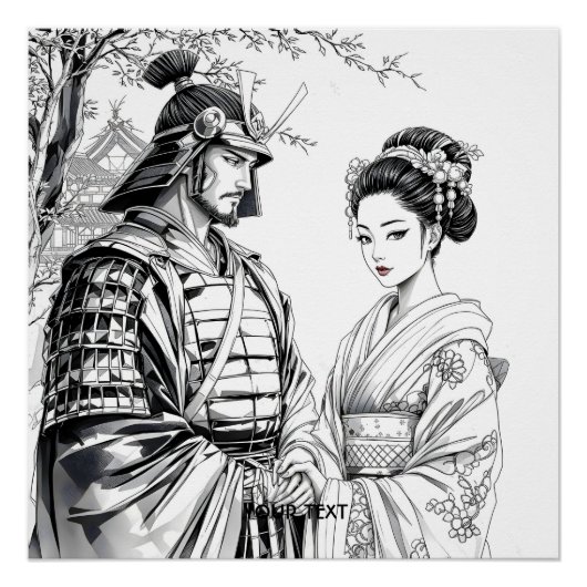 Fantasie Schattigee Samurai Geisha Pencil Perfect Poster (Voorkant)