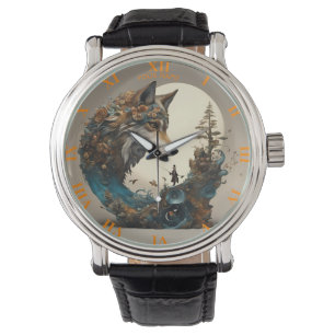 Fantasie Schattigee Vivid Flowers Wolf Wizard Horloge